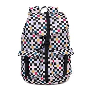 Adult or teen colorful checkered print backpack with hello kitty id hang tag.